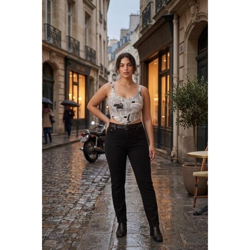 Elodie Newspaper Print Corset Top Small Black White Graphic Smocked EL173598